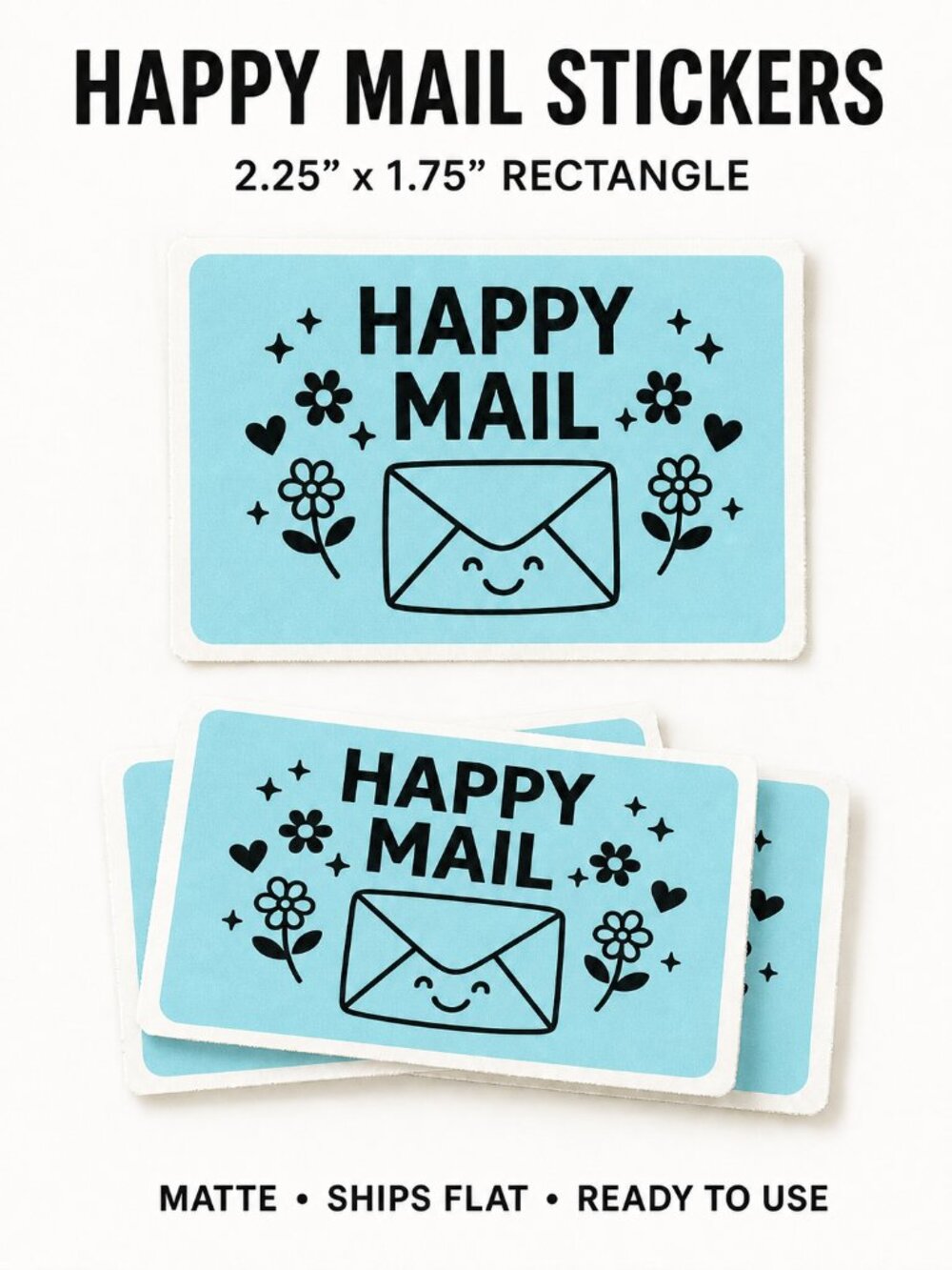 100 Happy Mail Stickers Blue Rectangle Packaging Labels 2.25x1.75